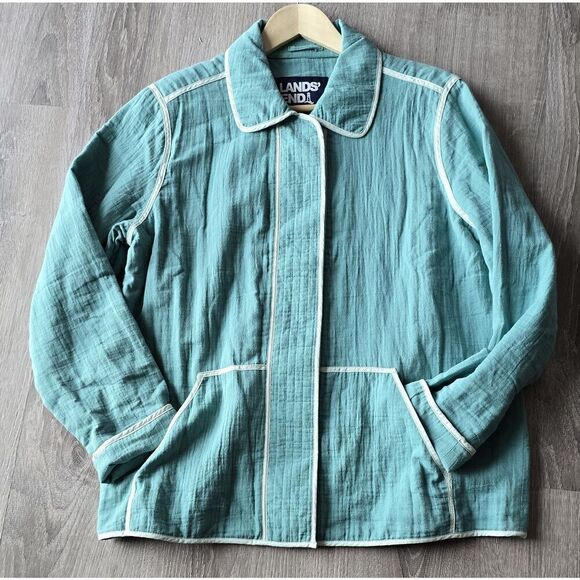 Lands End Women's Size Large Gauze Textured Cotton Jacket Teal Shadow Spring - Picture 5 of 7
